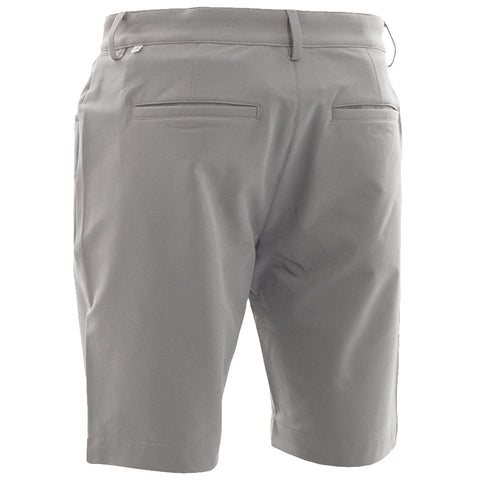 Gray shorts are displayed from the back showcasing a smooth fabric and tailored design with two back pockets designed for casual wear in warm weather settings.