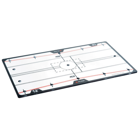 A rectangular gaming board features markings for a hockey-like game with a central circle and dashed lines indicating boundaries and zones on a smooth white surface with black outlines.