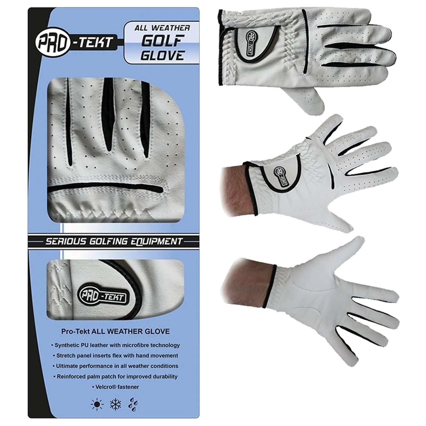 White golf gloves displayed on a blue packaging card feature a left-hand glove shown in full and right-hand glove partially visible. The context emphasizes golfing equipment with performance details and care instructions.