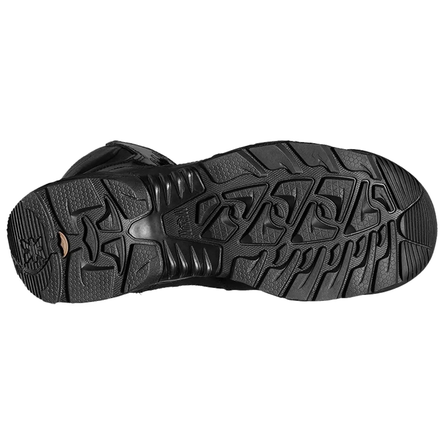 A black shoe sole is displayed featuring a rugged tread pattern designed for traction and stability in various terrains situated against a plain background.