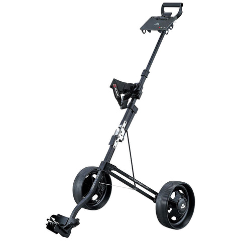 A golf push cart stands upright with two large wheels and a handle. It has a platform for holding a golf bag and a foot brake for stability on the course.