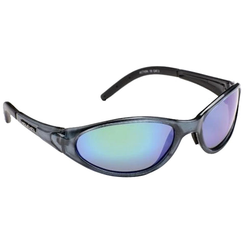 Sunglasses with a sleek design feature mirrored lenses that reflect light in shades of blue and green resting on a plain white background.
