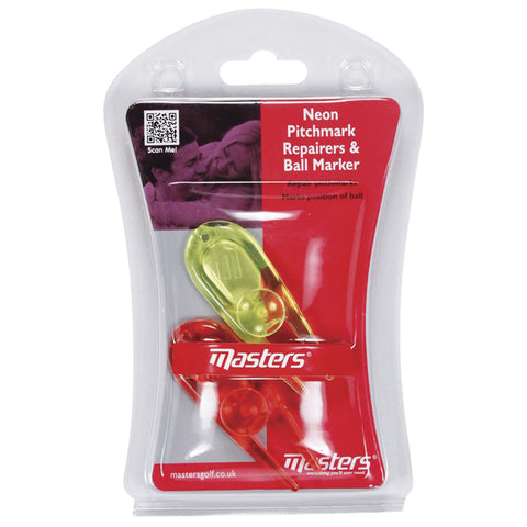 Two brightly colored neon pitchmark repairers and a ball marker are displayed in transparent packaging. The context includes product branding and features to assist golfers on the course.