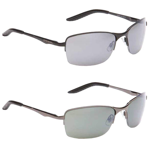 Sunglasses are displayed in two layers featuring a black and silver frame with mirrored lenses and curved ear pieces positioned to emphasize their sleek, modern design against a neutral background.