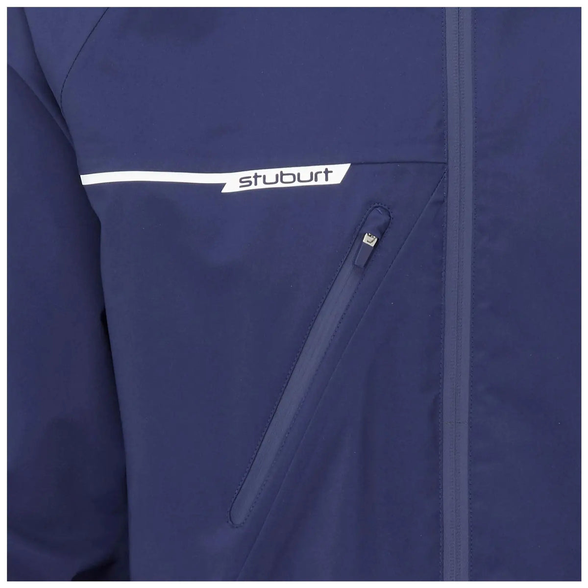 A navy blue jacket features a white logo on the chest with a zippered pocket visible on the front side, placed in a neutral indoor setting.