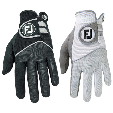 Two golf gloves are displayed side by side one is black and gray with textured fabric and a circular logo the other is white and gray with smooth fabric and a circular logo