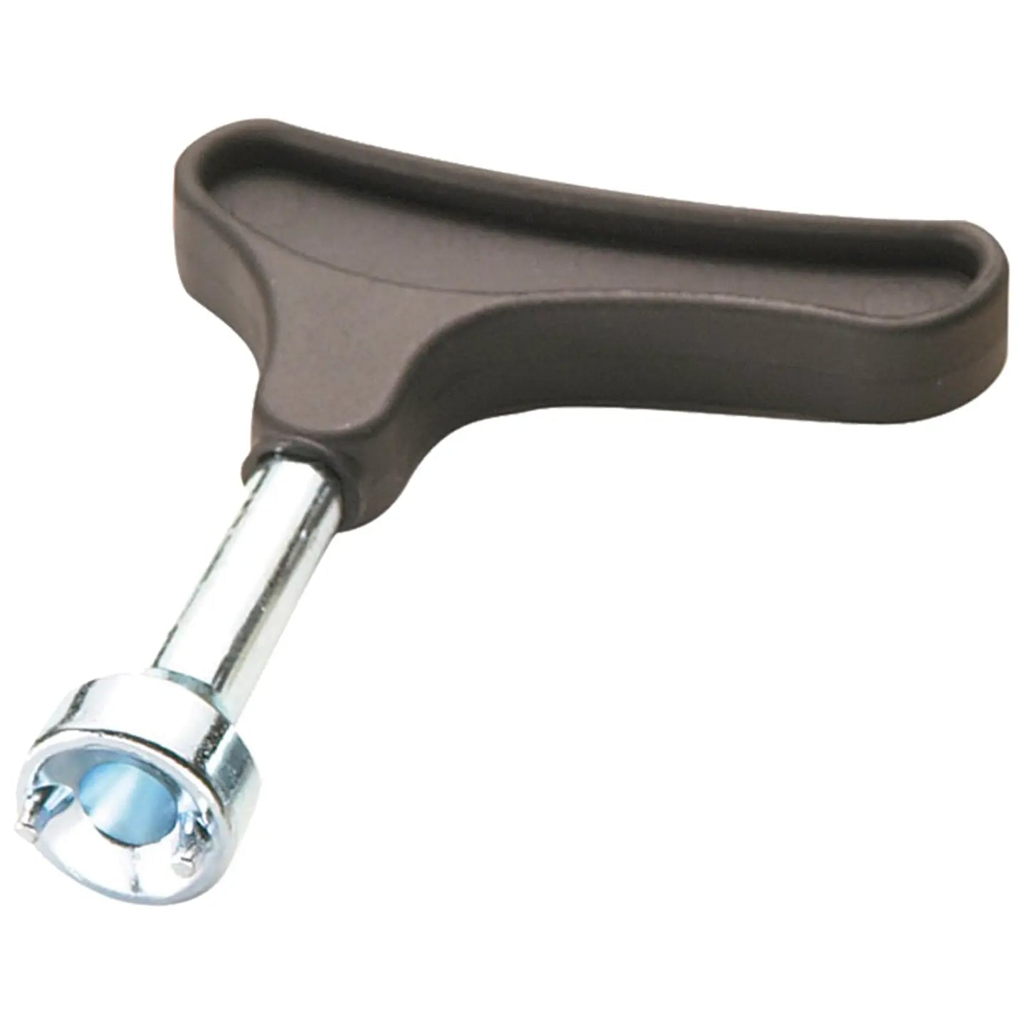 A T-shaped tool with a brown plastic handle and a chrome metal end is designed for tightening or loosening fasteners in mechanical or automotive settings.