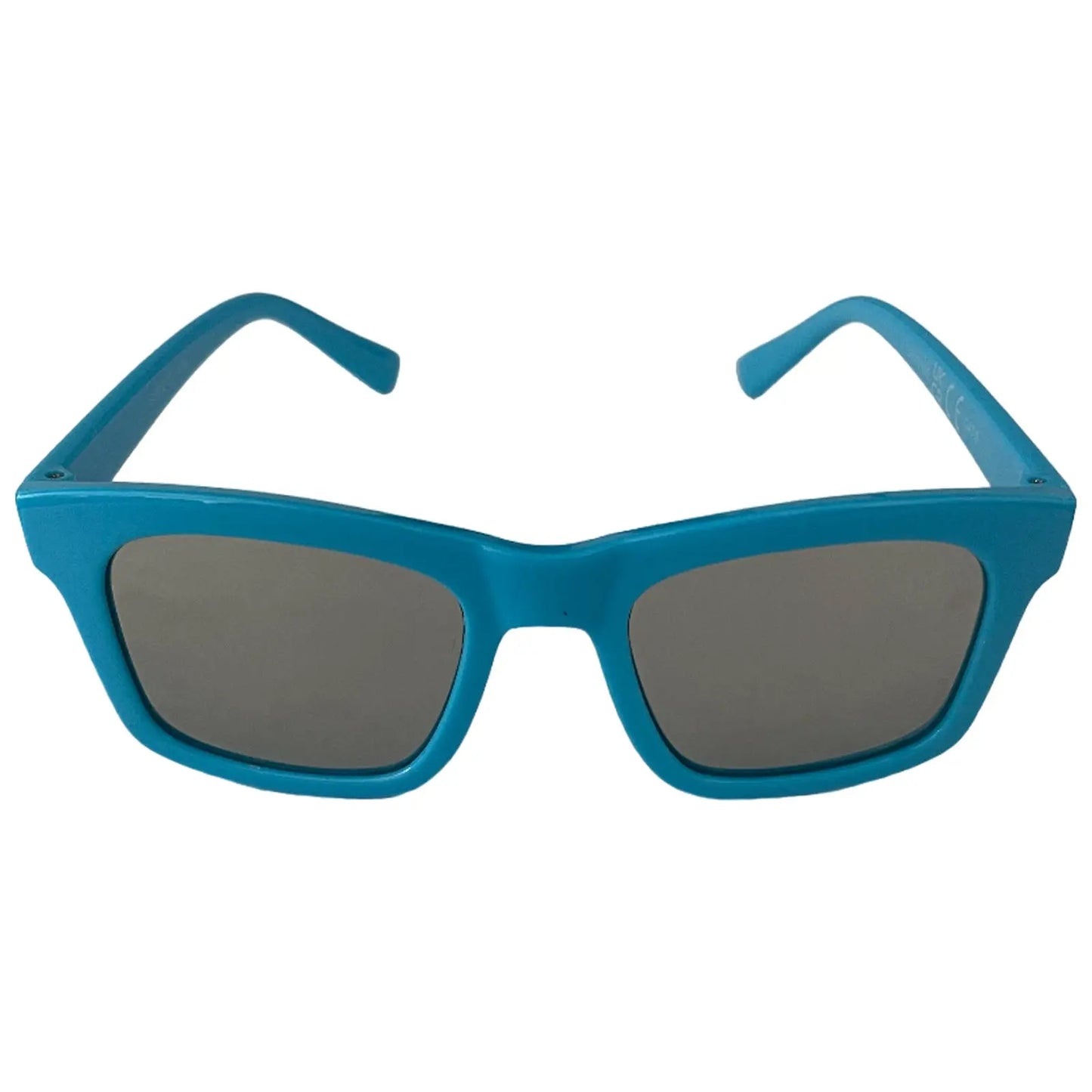 Turquoise sunglasses are positioned frontally with dark tinted lenses visible the background is plain neutral highlighting the design and color of the sunglasses