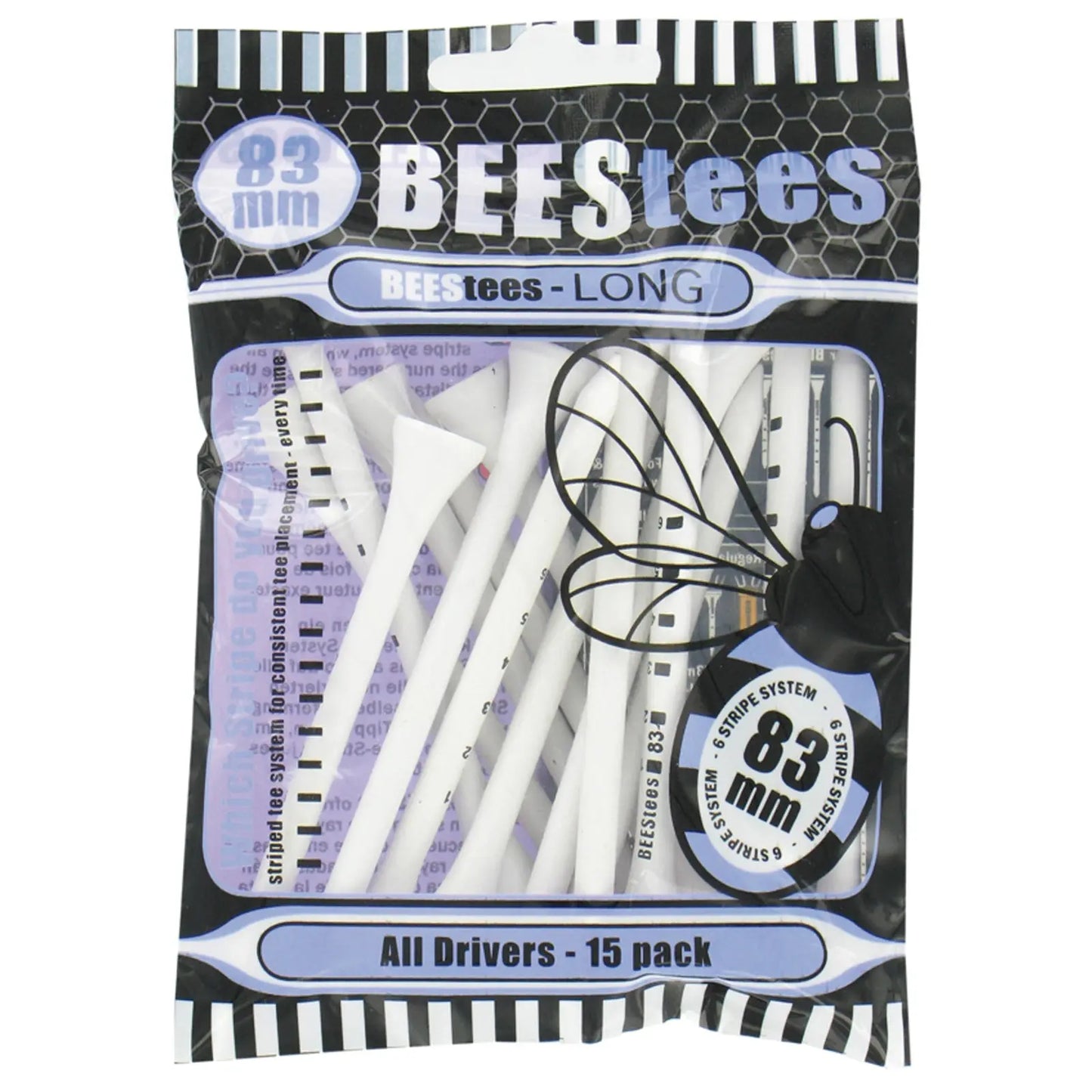 A pack of white golf tees labeled BEEStees-Long sits in a transparent package displaying the quantity of 15 and a measurement of 83 mm with a stripe system design.