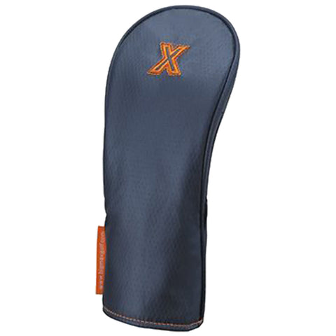 A dark gray golf club headcover is displayed upright showing a smooth exterior with a prominent orange "X" logo on the top and a visible tag on the side.