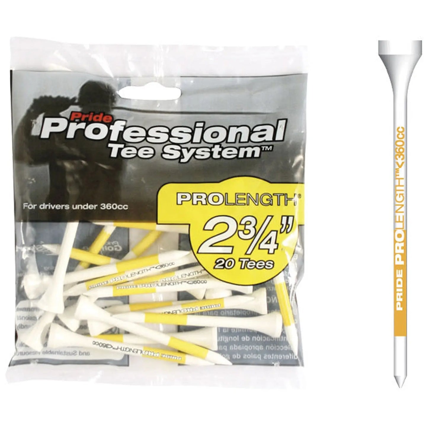 A transparent package contains multiple golf tees in yellow and white colors. The tees measure 2 and 3/4 inches and are designed for drivers under 360cc.