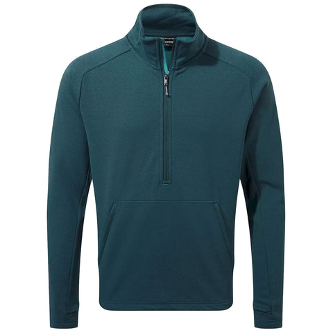 A teal pullover with a high collar features a quarter zipper and an attached front pocket, suitable for casual wear in a comfortable, relaxed environment.