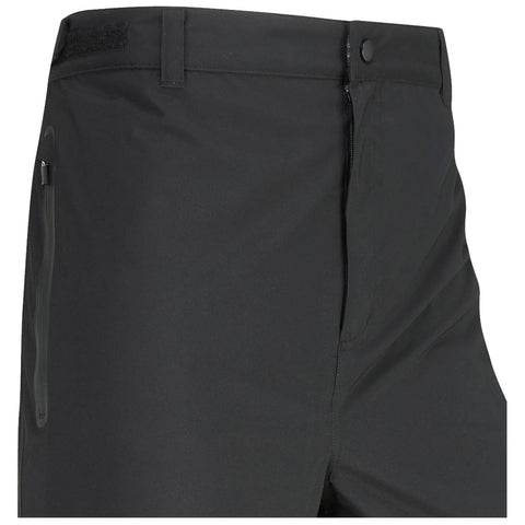 A pair of black shorts is displayed with a zipped pocket on the left side and a button closure at the top indicating a casual or outdoor style suitable for various activities.
