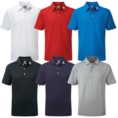 Six polo shirts in various colors hang in a grid pattern. The colors include white red blue black navy and grey. Each shirt features a branded collar logo.