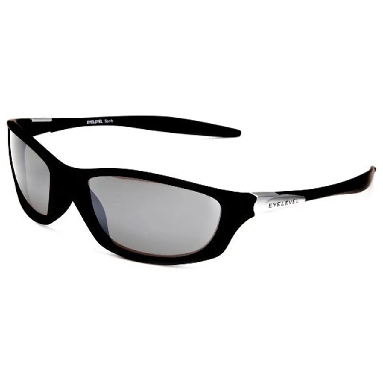 A pair of black sports sunglasses rests on a flat surface reflecting light with gray lenses and silver detailing on the sides showcasing a sleek design suitable for outdoor activities.