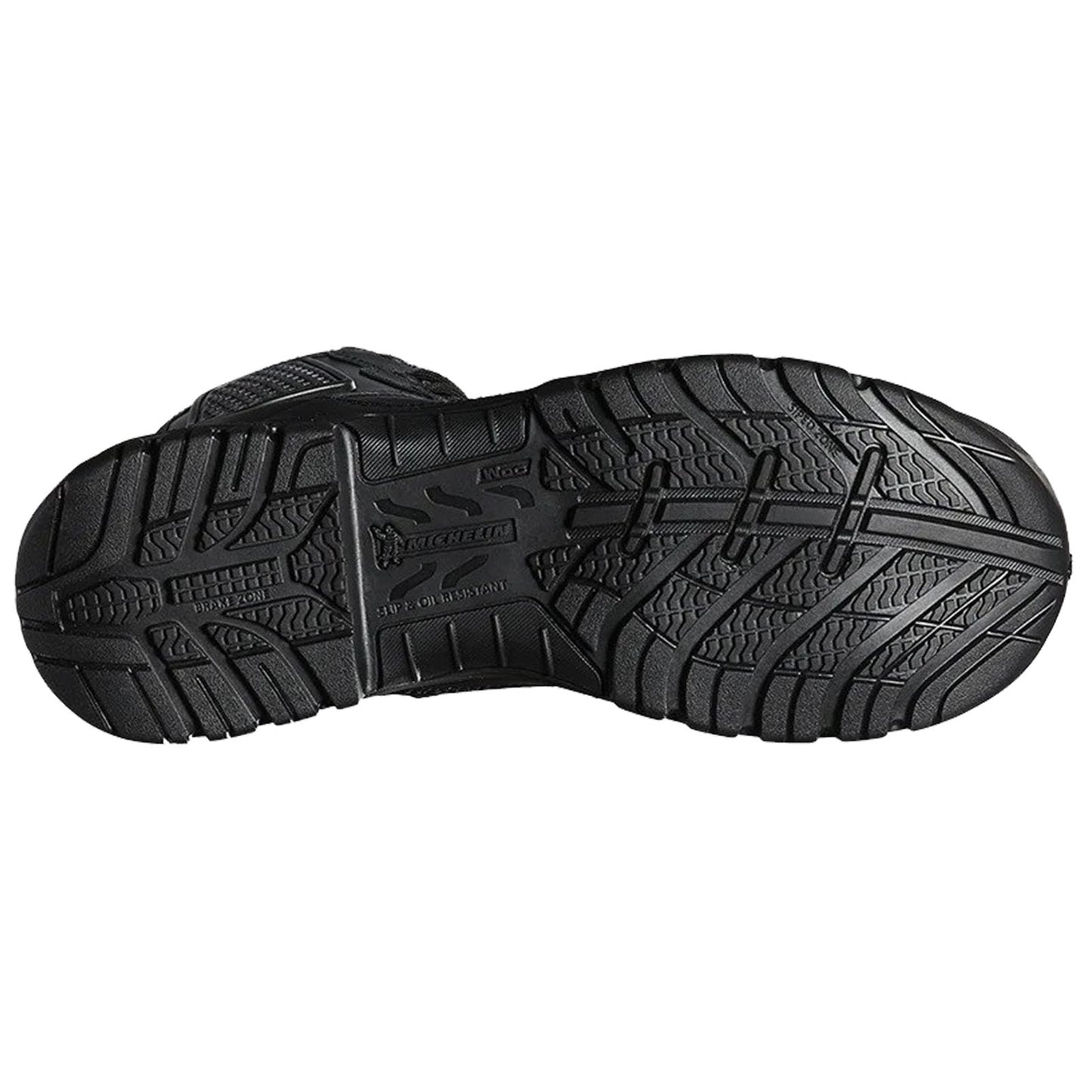 A black shoe sole is displayed with a multi-directional tread pattern indicating grip and stability on various surfaces showcasing durability and quality design intended for outdoor use.