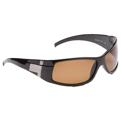 Sunglasses are positioned at an angle displaying dark frames and brown tinted lenses suggesting outdoor use ideal for protection against sunlight in a casual or sporty context