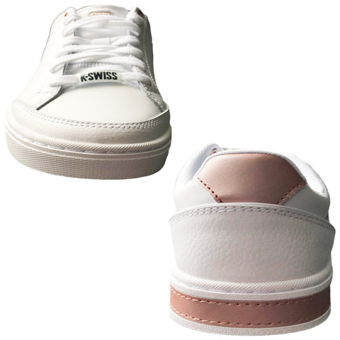 A pair of white sneakers is displayed from the front and back showcasing laces and a pink accent on the heel with a smooth surface and a flat sole design.