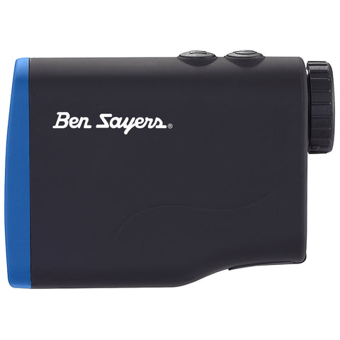 A compact black laser rangefinder is displayed with a blue accent. It features a brand logo and buttons for operation on the surface, suitable for outdoor measurement tasks.