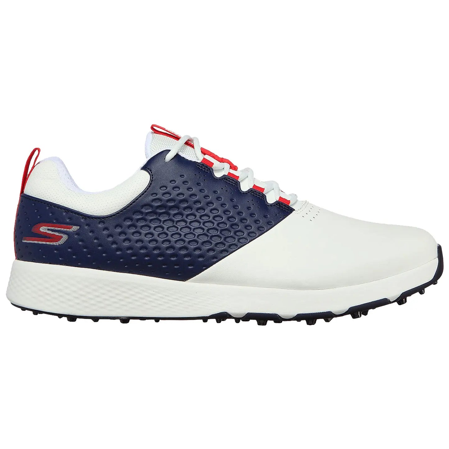 A white and navy golf shoe sits upright showcasing a textured upper with red accents laces and a patterned design on the side emphasizing its sporty and functional nature.