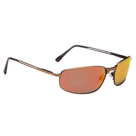 Sunglasses with tinted red and yellow lenses rest at an angle the sleek metallic frame is complemented by black ear pieces showcasing a modern design suitable for outdoor wear.