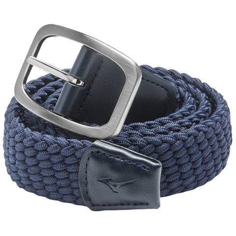 A navy braided belt is coiled with a silver metal buckle at one end showcasing a leather tip with a logo while resting on a neutral background.