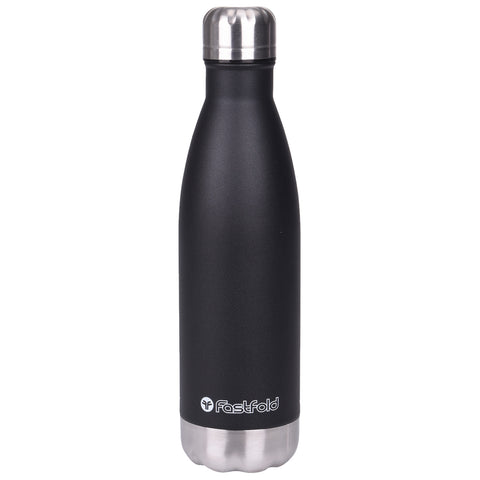 A black stainless steel water bottle stands upright with a silver cap reflecting light it features a cylindrical shape and has a logo near the bottom indicating the brand Fastfold