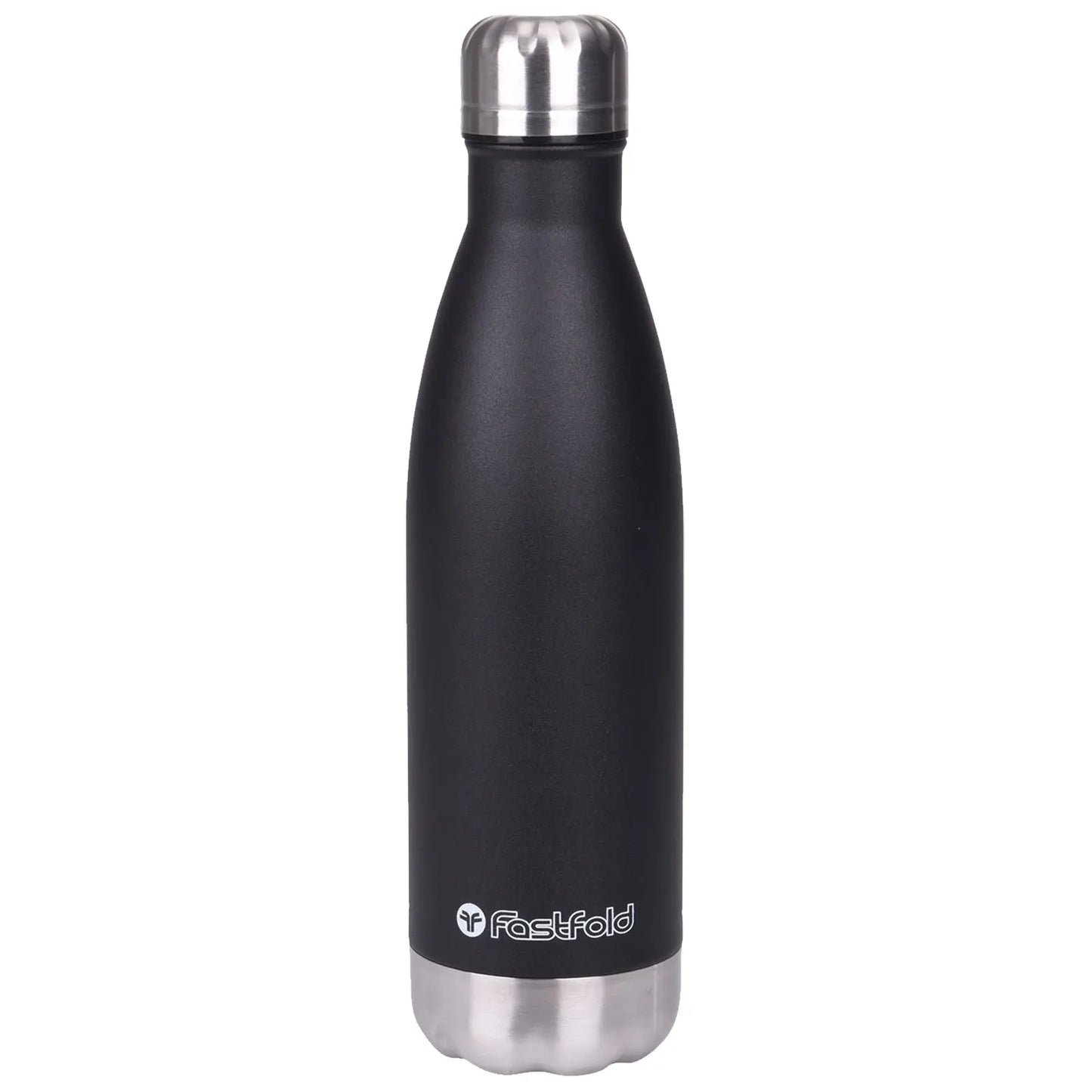 A black stainless steel water bottle stands upright with a silver cap reflecting light it features a cylindrical shape and has a logo near the bottom indicating the brand Fastfold