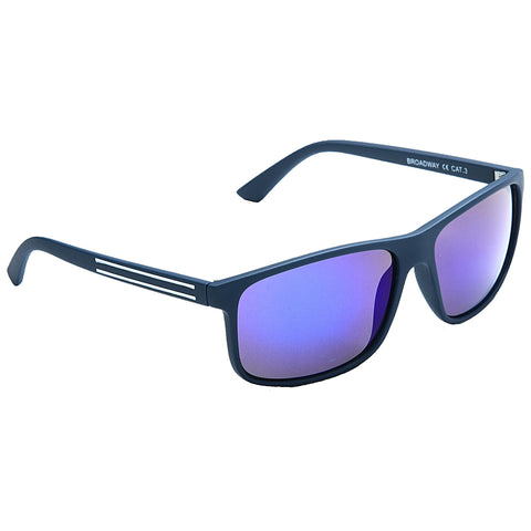 Sunglasses with dark frames and purple reflective lenses rest on a flat surface showcasing a modern design suitable for outdoor activities or fashion accessories.