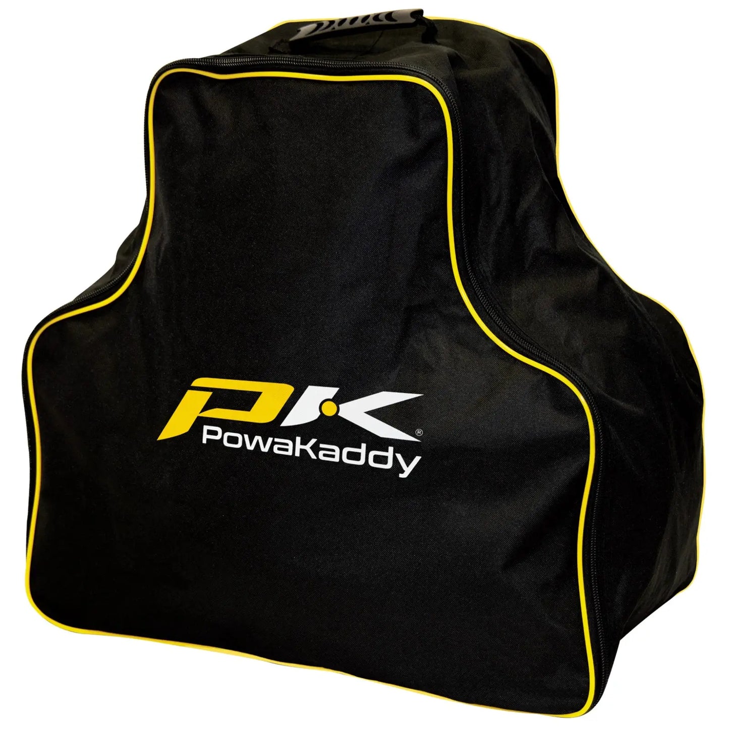 A black golf bag with yellow accents is displayed prominently featuring the logo PowaKaddy on the front it is designed to hold and transport golf equipment and accessories.