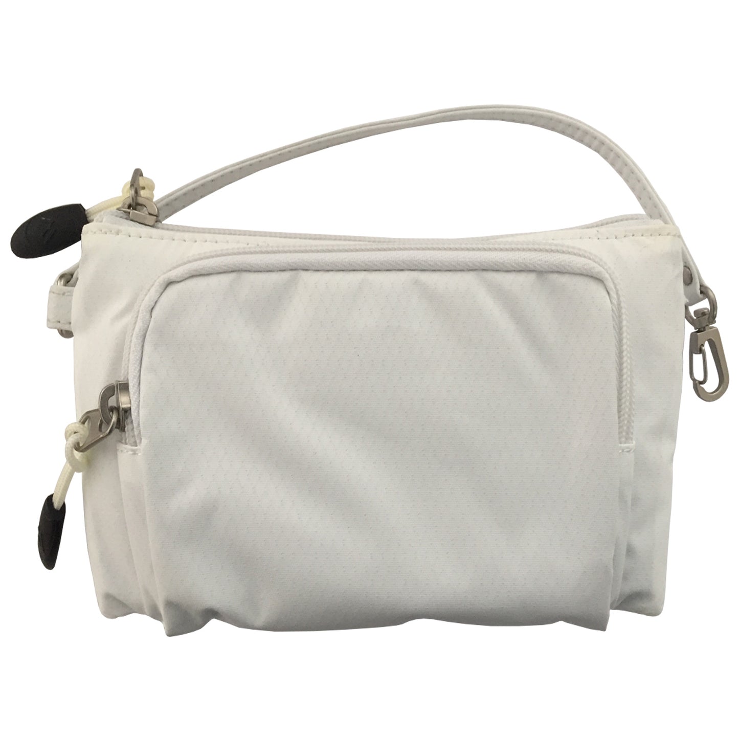 A small white bag features a zippered closure with a strap on top and a clip attachment on the side resting on a neutral background.