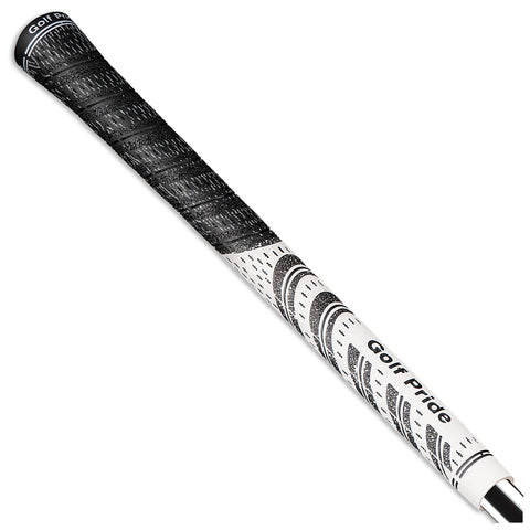 A golf club grip is displayed vertically featuring a textured black upper section and a white lower section with circular designs and "Golf Pride" text, typically used for enhancing grip on golf clubs.
