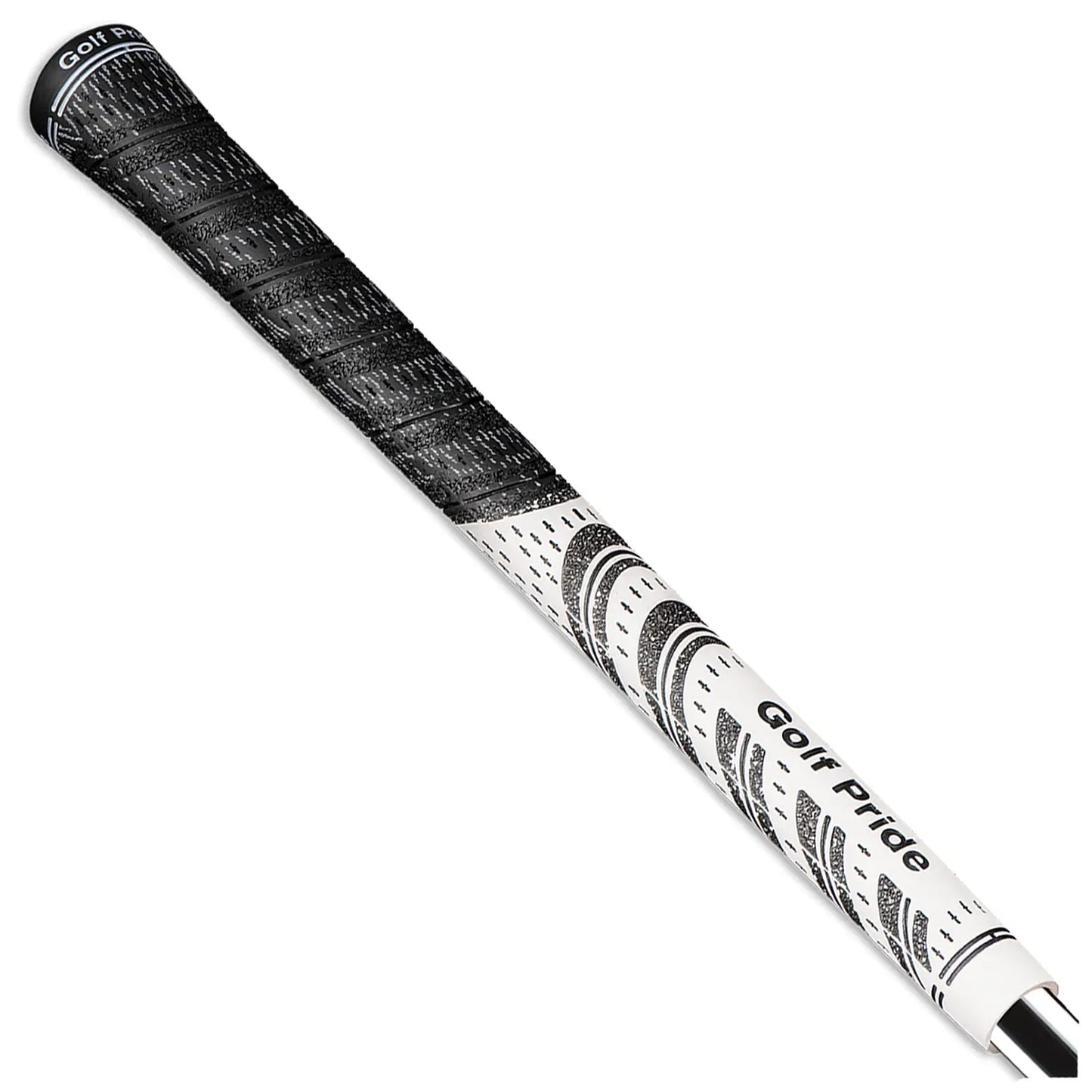 A golf club grip is displayed vertically featuring a textured black upper section and a white lower section with circular designs and "Golf Pride" text, typically used for enhancing grip on golf clubs.
