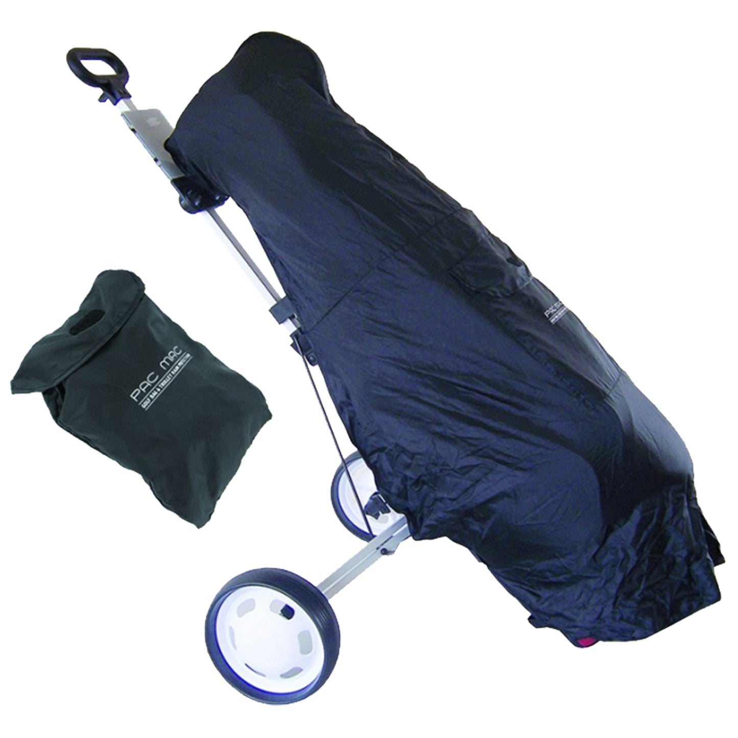 A black weather-resistant cover is draped over a folding stroller with white wheels while a green carrying bag is placed next to it in an unadorned setting.