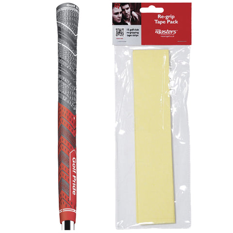 A golf club grip with a textured surface is positioned next to a packet of re-gripping tape strips intended for attaching the grip to a golf club.