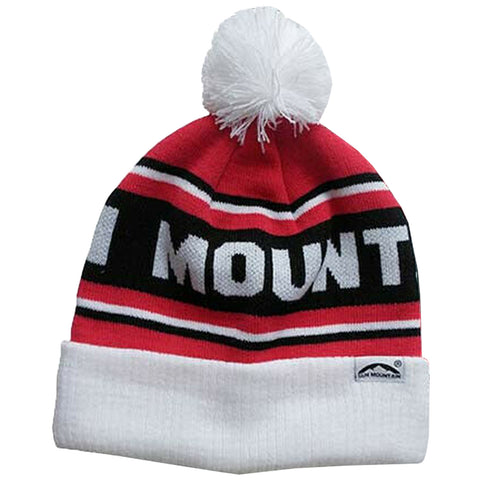 A red and black knitted hat with a white pom-pom on top features bold white lettering that says MOUNT across the front and has a white cuff at the bottom.