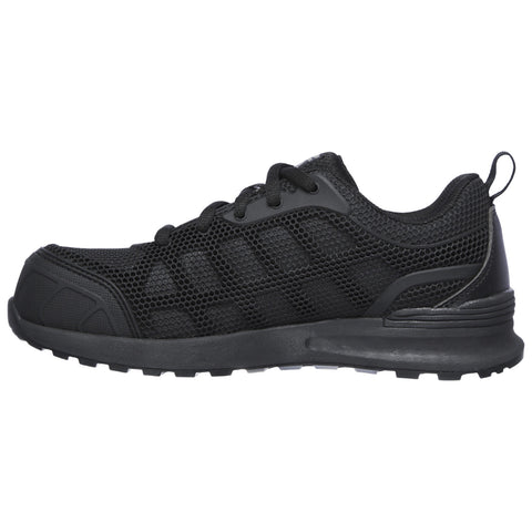 A black athletic shoe features a mesh upper for breathability and a sturdy rubber sole designed for traction on various surfaces in active environments.