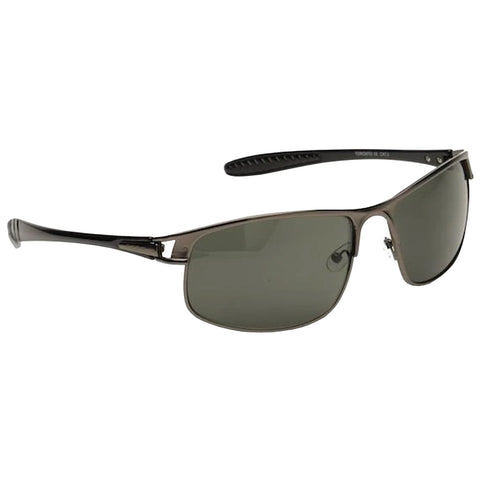 Sunglasses with a sleek metallic frame and dark lenses are displayed at an angle showcasing their shape and style against a neutral background highlighting their design features.