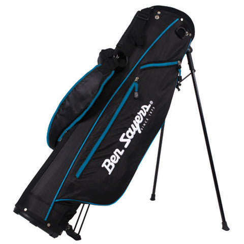 A black and blue golf bag stands upright on its legs with zippers and compartments for organizing golf equipment featuring the brand name Ben Sayers prominently displayed on the side.