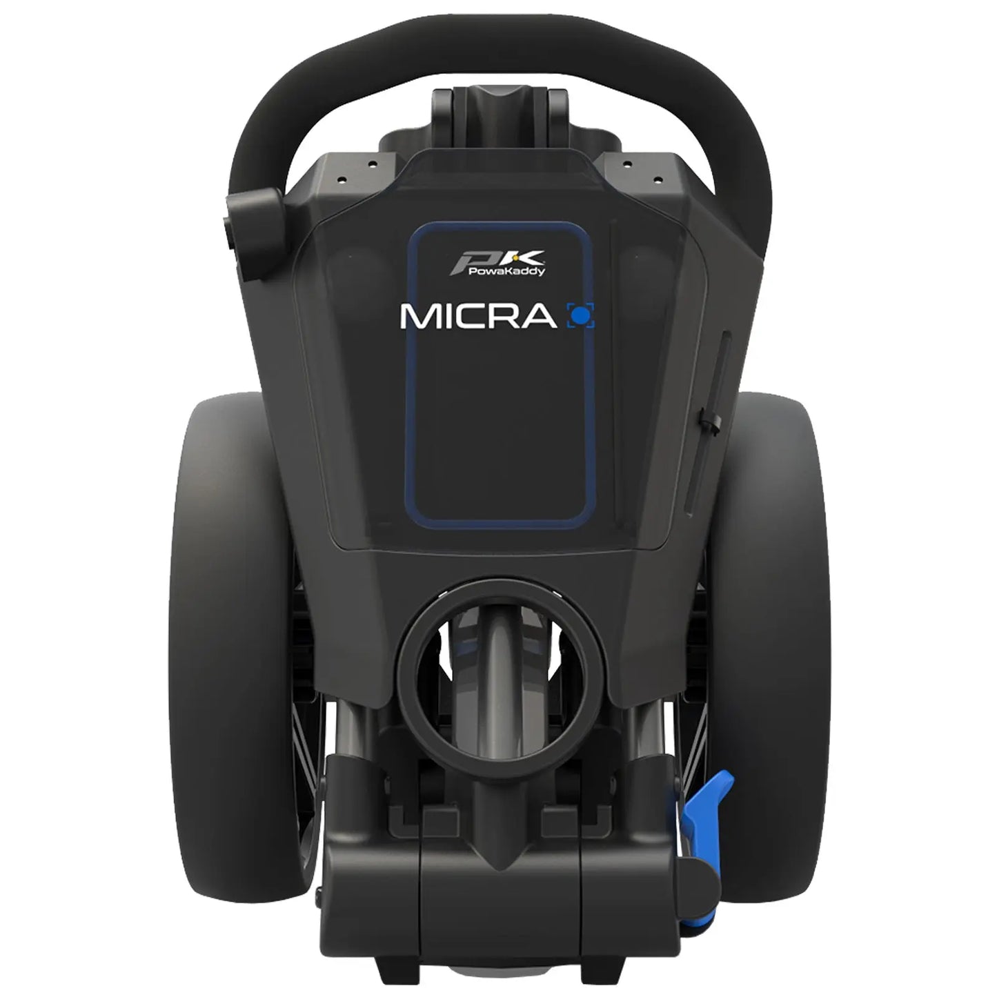 A black electric golf trolley showcases a compact design with two large wheels and a handle for maneuvering positioned centrally. It appears ready for use on a golf course. The brand and model label reads PowaKaddy MICRA.