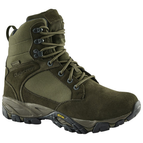 A sturdy olive-green hiking boot features a high ankle design and durable materials with laces threaded through hooks providing support and stability ideal for outdoor activities