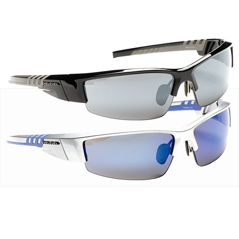 Two pairs of sporty sunglasses are displayed with one pair on top of the other. The top sunglasses are black with gray lenses while the bottom pair is white with blue lenses.