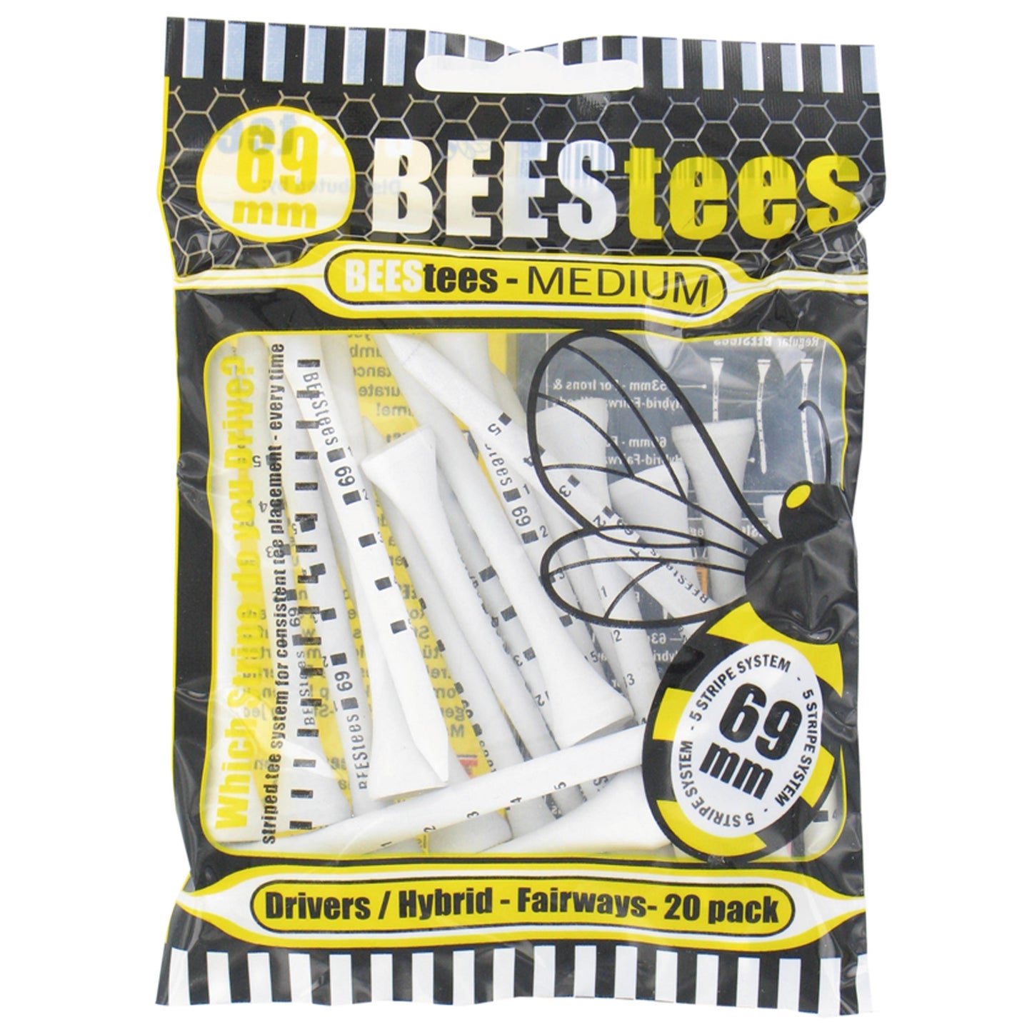 A pack of white golf tees is displayed showing multiple tees with measurement markings the packaging features bold text and a bee graphic emphasizing the 69 mm size and the five stripe system.