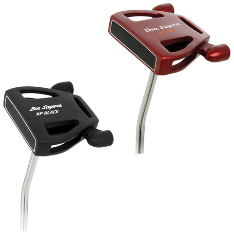 Two golf putters are displayed side by side featuring different colors. The black putter is labeled XF BLACK and the red one is labeled XF RED. Both have a sleek design and a shiny shaft.