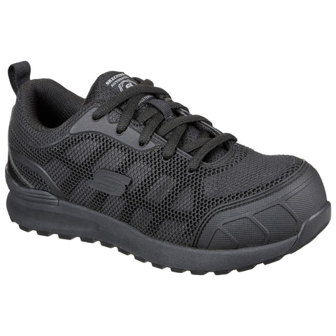 A black athletic shoe with a mesh upper and rubber sole is positioned at an angle showing its laces and padded collar highlighting its lightweight and breathable design ideal for active use.
