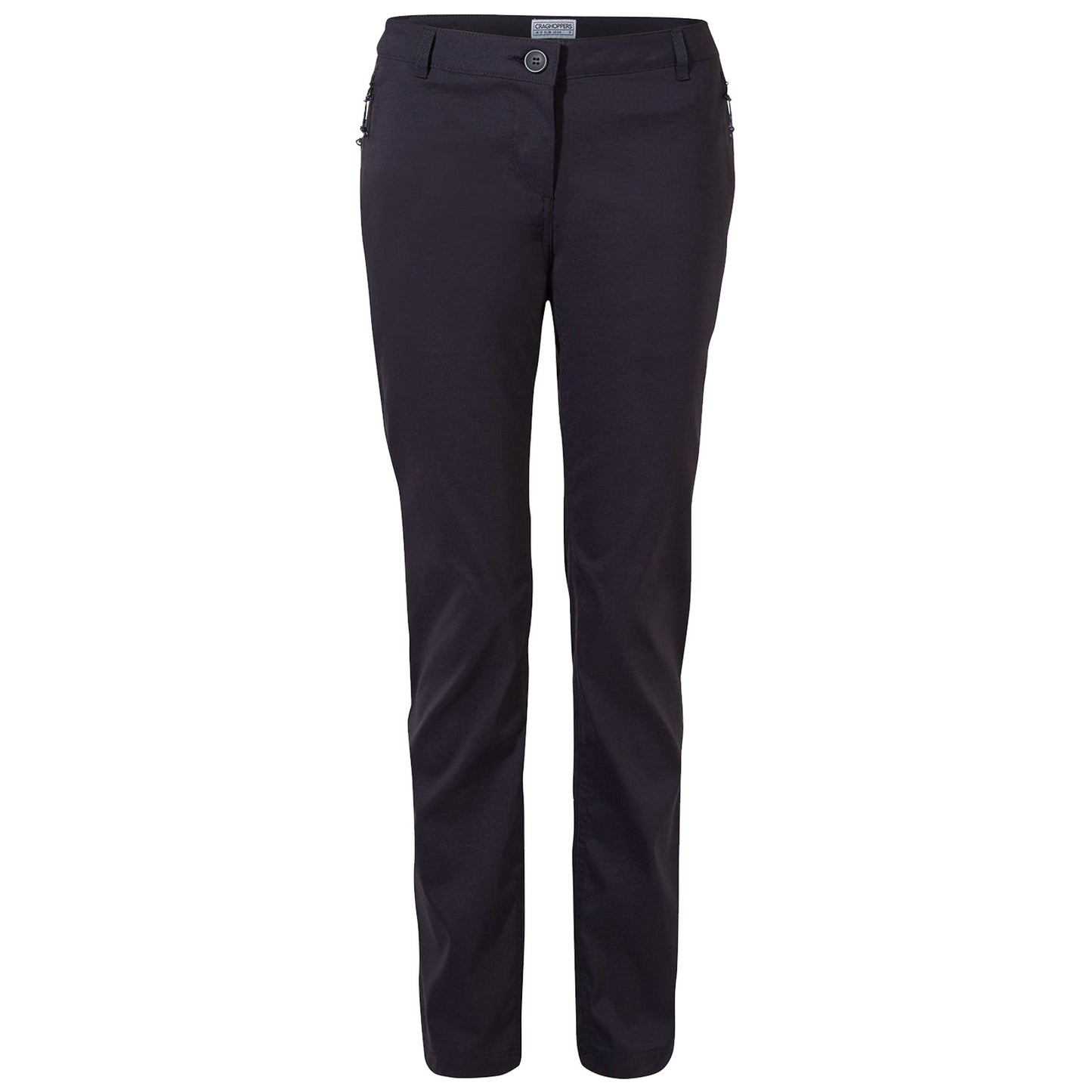 Black pants are displayed standing upright featuring a button closure and pockets showcasing a smooth fabric in a simple design suitable for casual or formal wear.