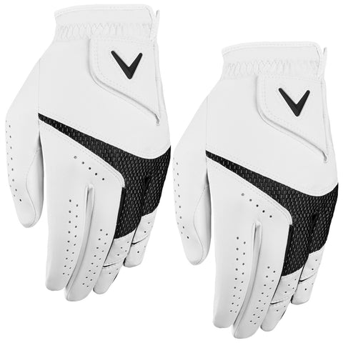 Two golf gloves are shown together with a predominantly white color and a black mesh section. They are positioned to display both sides, highlighting the design features and stitching.
