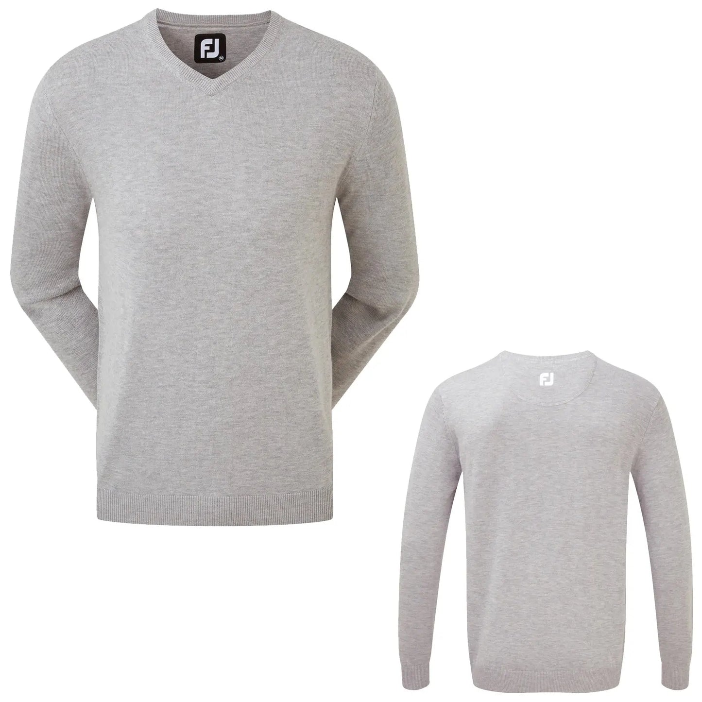 A gray long-sleeve sweater is displayed from the front and back showing a V-neck design and ribbed cuffs with a logo tag at the neckline