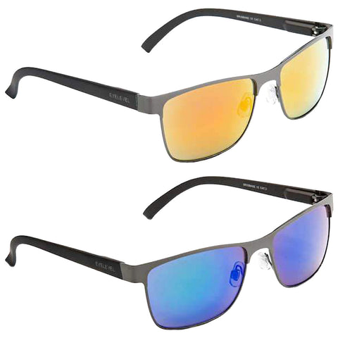 Sunglasses with two different lens colors are displayed one above the other. The top pair has gold mirrored lenses while the bottom pair features blue mirrored lenses against a neutral background.