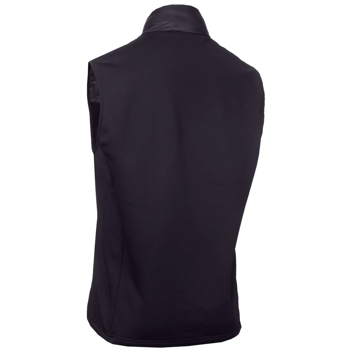 A sleeveless black vest stands upright showcasing a smooth texture and high collar within a neutral background conveying a sense of casual wear suitable for layering or outdoor activities.
